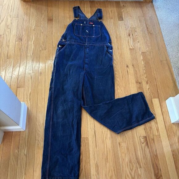 Dickies Jeans Denim Bib Overalls 36 X 34 Carpenter Dark Blue Work Button fly‎ - Picture 2 of 12